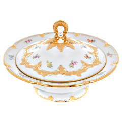 Bowl with lid, Shape "B-Form", Strewn flowers, gold (bronze coloured), light, V 1,2 l