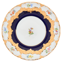 Bread- and Butter Plate, Shape "B-Form", strewn flowers, royal blue ground, bronze coloured, Ø 15,5 cm