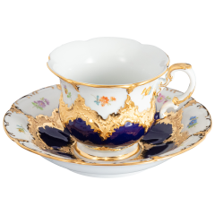 Coffee cup & saucer, Shape "B-Form", strewn flowers, royal blue ground, bronze coloured, V 0,16 l