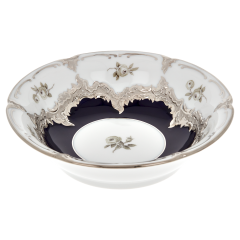 Bowl, Shape "B-Form", Strewn Roses, white-grey, royal blue, shiny platinum, L cm