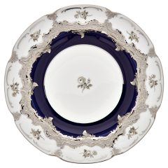 Dinner Plate, Shape "B-Form", Strewn Roses, white-grey, royal blue, shiny platinum, Ø 22 cm