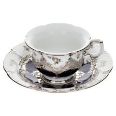 Espresso cup & saucer, Shape "B-Form", Strewn Roses, white-grey, royal blue, shiny platinum, V 0,1 l