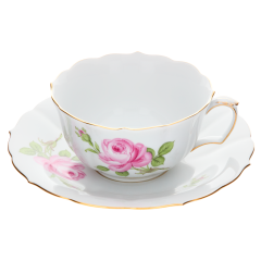 Tea cup & saucer, Shape "New Cutout", Pink rose, gold rim, V 0,2 l
