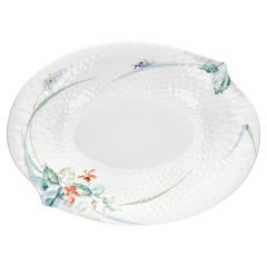 Serving dish, medium, Shape "Waves Relief", Woodland flora with insects, white rim, L 21,5 cm