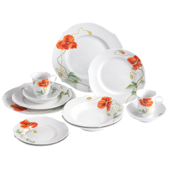 Starter set, 12-pcs for 2 persons, Shape "Waves Relief", Wild poppy, red, white rim