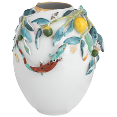 Vase with Plastic Lemon Branches, Lizard and Butterflies, Unique Object, Silvia Klöde, H 25 cm