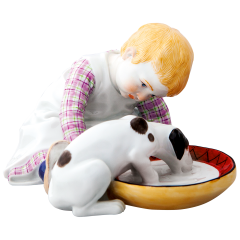 Child with dog, drinking, Coloured, without gold, H 9 cm