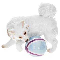 Dog Pomeranian dog with ball, Coloured, without gold, H 5 cm