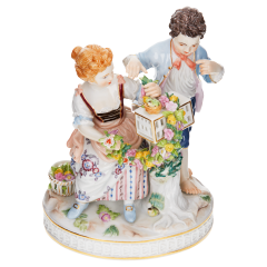 Four Seasons Group Spring, couple with birdcage, Coloured with gold, H 16,5 cm