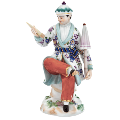 Asian man with parasol, Coloured with gold, H 11 cm