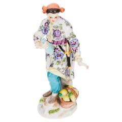 Asian man with bottle a. basket, Coloured with gold, H 12 cm