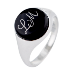 Master-Signet Ring round with monogram (2 letters) in Platinum on black fond, 925 sterling silver