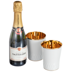 champagne set, 3-pcs, Taittinger champagne 0,375 l, 12,5% vol., champagne goblet, shiny gold