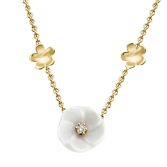 Necklace Royal Blossom Bouquet, 750 yellow gold, 7 Blossoms XS/S/M, 1 porcelain blossom M, 1 brilliant 0,04 ct, TW, VSI, 2 porce