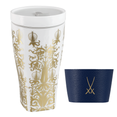 Coffee to go mug with porcelain lid and cuff, Shape "nova", "Shakespear", white V 0,35 l