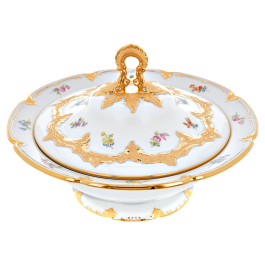 Bowl with lid, Shape "B-Form", Strewn flowers, gold (bronze coloured), light, V 1,2 l