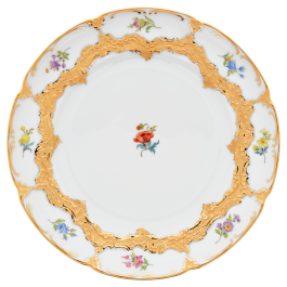 Starter- and Dessert Plate, Shape "B-Form", Strewn flowers, gold (bronze coloured), light, Ø 20 cm