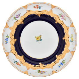 Dinner Plate, Shape "B-Form", strewn flowers, royal blue ground, bronze coloured, ø 28 cm