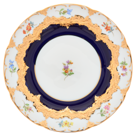Bread- and Butter Plate, Shape "B-Form", strewn flowers, royal blue ground, bronze coloured, Ø 15,5 cm