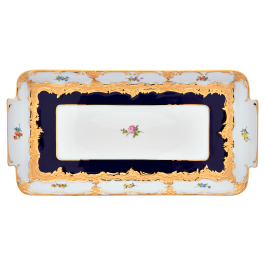 Platter, square, Shape "B-Form", strewn flowers, royal blue ground, bronze coloured, L 29 cm