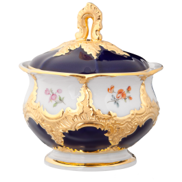 Sugar Bowl, Shape "B-Form", strewn flowers, royal blue ground, bronze coloured, H 12 cm