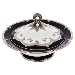 Bowl with lid, Shape "B-Form", Strewn Roses, white-grey, royal blue, shiny platinum, V 1,2 l
