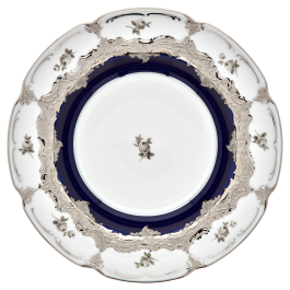 Soup Plate, Shape "B-Form", Strewn Roses, white-grey, royal blue, shiny platinum, ø 24 cm