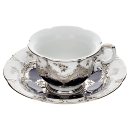 Espresso cup & saucer, Shape "B-Form", Strewn Roses, white-grey, royal blue, shiny platinum, V 0,1 l