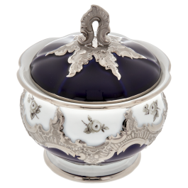Sugar Bowl, Shape "B-Form", Strewn Roses, white-grey, royal blue, shiny platinum, H 12 cm