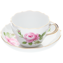 Coffee cup & saucer, Shape "New Cutout", Pink rose, gold rim, V 0,2 l