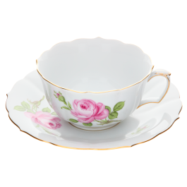 Tea cup & saucer, Shape "New Cutout", Pink rose, gold rim, V 0,2 l