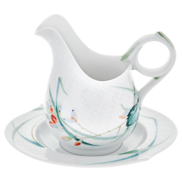 Gravy boat, Shape "Waves Relief", Woodland flora with insects, white rim, V 0,45 l