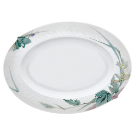 Platter, oval, Shape "Waves Relief", Woodland flora with insects, white rim, L 35 cm
