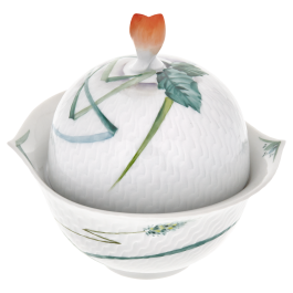 Sugar Bowl, Shape "Waves Relief", Woodland flora with insects, white rim, H 12,4 cm