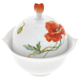 Sugar Bowl, Shape "Waves Relief", Wild poppy, red, white rim, H 12,4 cm