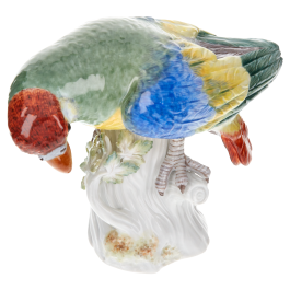 Bird Parrot on Tree Trunk, Coloured, without gold, H 11 cm