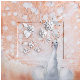 Wall Painting Peacock with Snowball Blossoms, lim. 25, 35 x 35 cm