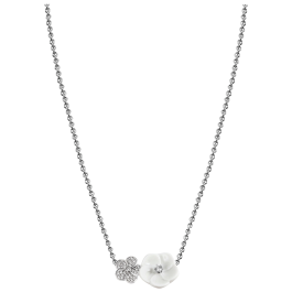 Necklace Royal Blossom Pavé, 750 white gold, 2 blossoms M/S pavé, 1 porcelain blossom M, 32 brilliants 0,184 ct, TW, VSI, full cut