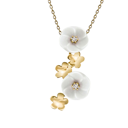 Necklace Royal Blossom Bouquet, 750 yellow gold, 5 Blossoms S/XS, 2 porcelain blossoms S, 2 brilliants 0,04 ct, TW, VSI, full cut