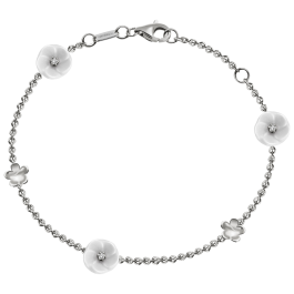 Bracelet Royal Blossom Bouquet, 750 white gold, 5 Blossoms S/XS, 3 porcelain blossoms S, 3 brilliants 0,06 ct, TW, VSI, 2 gold blo