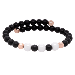Bangle Pearl Collection Onyx, symmetrical, 3 porcelain pearls 8 mm, 4 pearls 6 mm 925 silber rose plated, 28 onyx pearls 6 mm