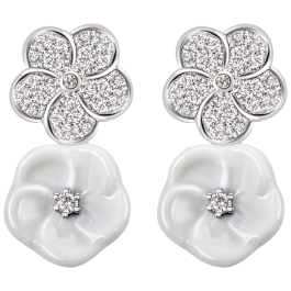 Ear studs Royal Blossom Pavé, 750 white gold, 2 blossoms S pavé, 2 porcelain blossoms S, with 64 brilliants, 0,316 ct, TW, VSI, f