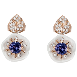 Earrings Royal Blossom Gem "Tanzanite Blue", 750 rose gold, 2 porceain blossoms S, 2 Tanzanite Blue á 0,30 ct and 42 brilliants 0