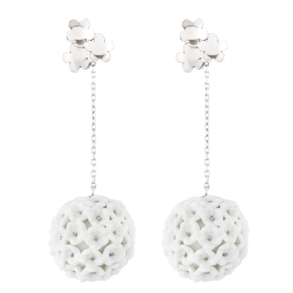 Earrings Boule Snowball Blossom, 750 white gold, Blossom pistils platinum painted decoration