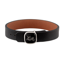 Leather Bracelet with monogram (2 letters) in Platinum on black surface