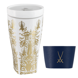 Coffee to go mug with porcelain lid and cuff, Shape "nova", "Shakespear", white V 0,35 l