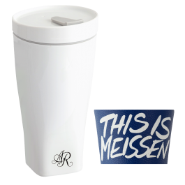 Coffee to go mug with porcelain lid and cuff, monogram, 2 letters, black, Shape "nova", white, V 0,35 l