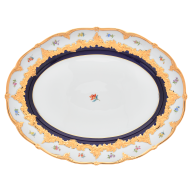 Platter, oval, Shape "B-Form", strewn flowers, royal blue ground, bronze coloured, L 40 cm