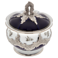 Sugar Bowl, Shape "B-Form", Strewn Roses, white-grey, royal blue, shiny platinum, H 12 cm