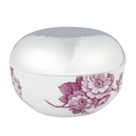 Box with silverplated lid, Silbermanufaktur SonjaQuandt, Flower impressions, purple, Ø 9 cm